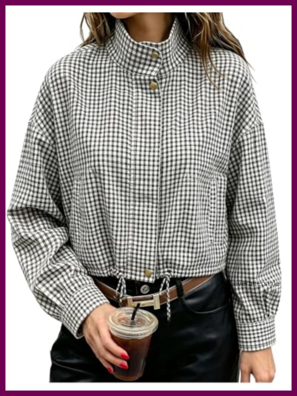 Womens Plaid Jacket Funnel Neck Lightweight Cropped Casual Fall